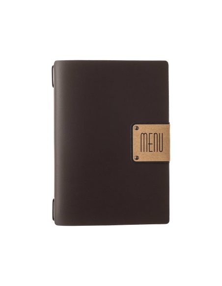 Porta Menu A5 (16,5x23,1 cm) etichetta PATCH "menu" cornicetta (4 facciate) elastico nero PORTOFINO MARRONE