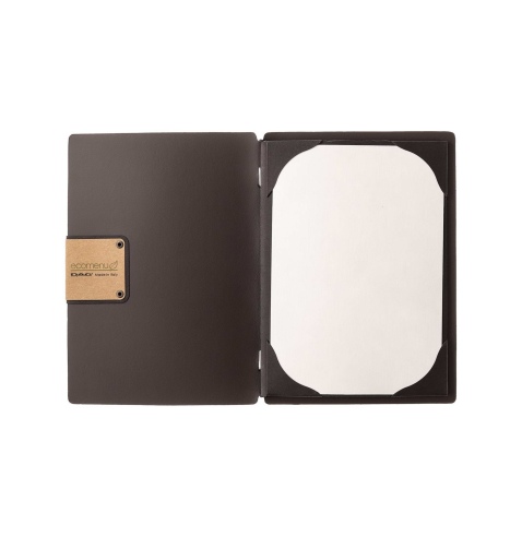 Porta Menu A5 (16,5x23,1 cm) etichetta PATCH "menu" cornicetta (4 facciate) elastico nero PORTOFINO MARRONE
