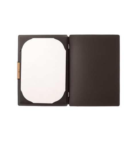 Porta Menu A5 (16,5x23,1 cm) etichetta PATCH "menu" cornicetta (4 facciate) elastico nero PORTOFINO MARRONE