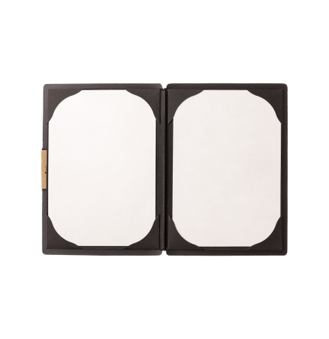 Porta Menu A5 (16,5x23,1 cm) etichetta PATCH "personalizzata" (minimo 18 pezzi) cornicetta (4 facciate) elastico nero PORTOFINO 