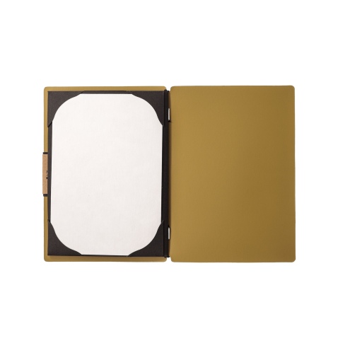 Porta Menu A5 (16,5x23,1 cm) etichetta PATCH "personalizzata" (minimo 18 pezzi) cornicetta (4 facciate) elastico nero PORTOFINO 