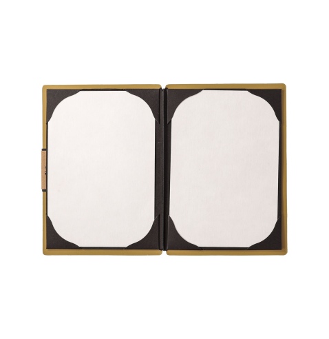Porta Menu A5 (16,5x23,1 cm) etichetta PATCH "menu" cornicetta (4 facciate) elastico nero PORTOFINO OCRA