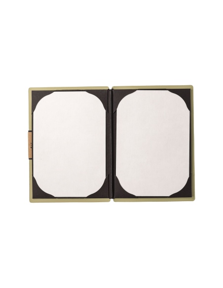 Porta Menu A5 (16,5x23,1 cm) etichetta PATCH "personalizzata" (minimo 18 pezzi) cornicetta (4 facciate) elastico nero PORTOFINO 