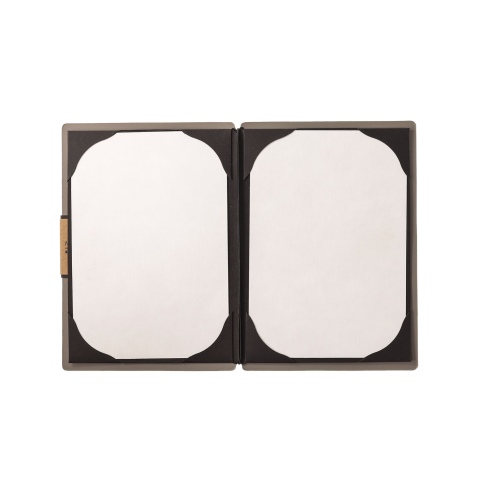 Porta Menu A5 (16,5x23,1 cm) etichetta PATCH "personalizzata" (minimo 18 pezzi) cornicetta (4 facciate) elastico nero PORTOFINO 