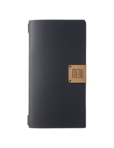 Porta Menu A4 SLIM (17,4x31,8 cm) etichetta PATCH "personalizzata" (minimo 18 pezzi) cornicetta (4 facciate) elastico nero PORTO