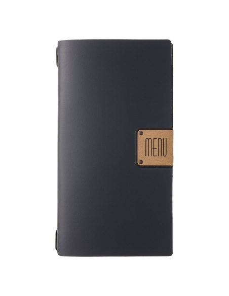 Porta Menu A4 SLIM (17,4x31,8 cm) etichetta PATCH "personalizzata" (minimo 18 pezzi) cornicetta (4 facciate) elastico nero PORTO