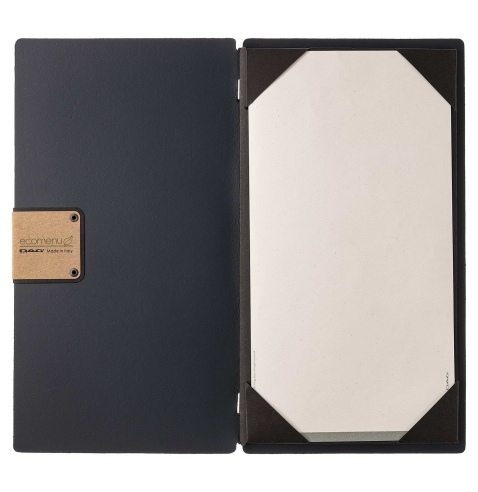 Porta Menu A4 SLIM (17,4x31,8 cm) etichetta PATCH "menu" cornicetta (4 facciate) elastico nero PORTOFINO BLU