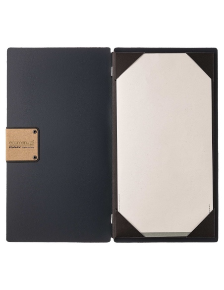 Porta Menu A4 SLIM (17,4x31,8 cm) etichetta PATCH "menu" cornicetta (4 facciate) elastico nero PORTOFINO BLU