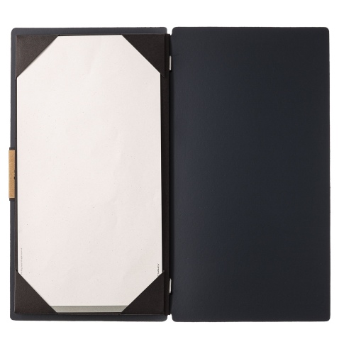 Porta Menu A4 SLIM (17,4x31,8 cm) etichetta PATCH "menu" cornicetta (4 facciate) elastico nero PORTOFINO BLU