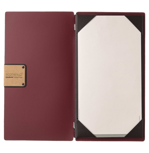Porta Menu A4 SLIM (17,4x31,8 cm) etichetta PATCH "menu" cornicetta (4 facciate) elastico nero PORTOFINO BORDEAUX