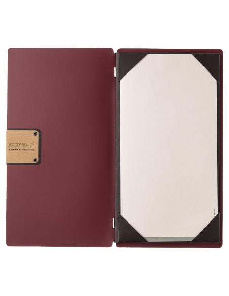Porta Menu A4 SLIM (17,4x31,8 cm) etichetta PATCH "menu" cornicetta (4 facciate) elastico nero PORTOFINO BORDEAUX