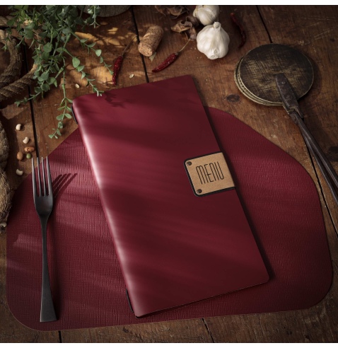 Porta Menu A4 SLIM (17,4x31,8 cm) etichetta PATCH "menu" cornicetta (4 facciate) elastico nero PORTOFINO BORDEAUX