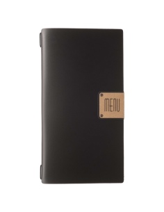 Porta Menu A4 SLIM (17,4x31,8 cm) etichetta PATCH "personalizzata" (minimo 18 pezzi) cornicetta (4 facciate) elastico nero PORTO