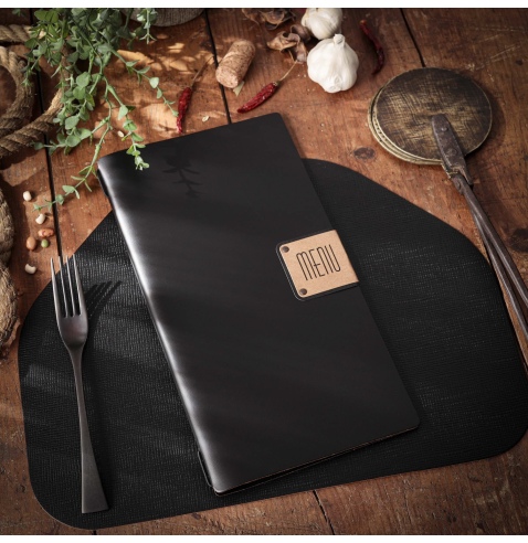 Porta Menu A4 SLIM (17,4x31,8 cm) etichetta PATCH "menu" cornicetta (4 facciate) elastico nero PORTOFINO NERO