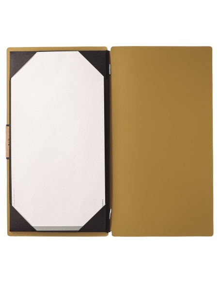 Porta Menu A4 SLIM (17,4x31,8 cm) etichetta PATCH "personalizzata" (minimo 18 pezzi) cornicetta (4 facciate) elastico nero PORTO