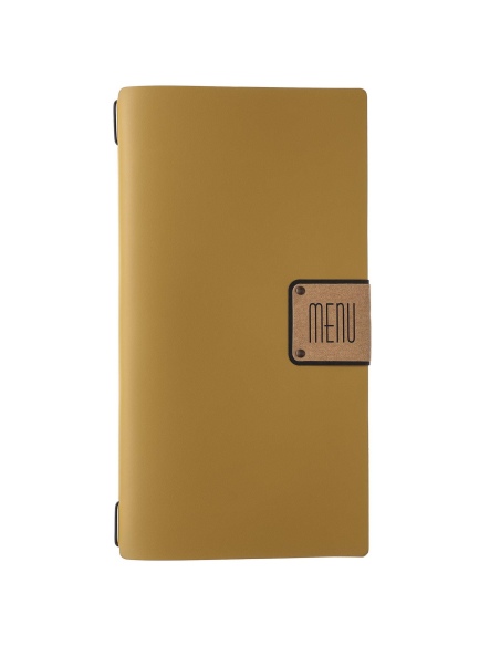 Porta Menu A4 SLIM (17,4x31,8 cm) etichetta PATCH "menu" cornicetta (4 facciate) elastico nero PORTOFINO OCRA