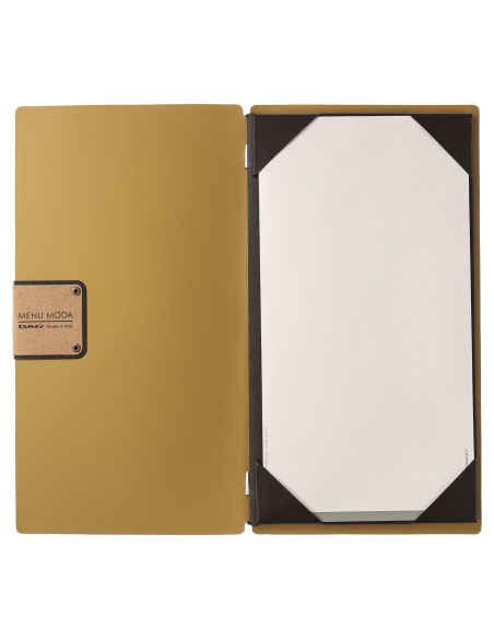 Porta Menu A4 SLIM (17,4x31,8 cm) etichetta PATCH "menu" cornicetta (4 facciate) elastico nero PORTOFINO OCRA