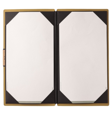 Porta Menu A4 SLIM (17,4x31,8 cm) etichetta PATCH "menu" cornicetta (4 facciate) elastico nero PORTOFINO OCRA