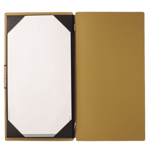 Porta Menu A4 SLIM (17,4x31,8 cm) etichetta PATCH "menu" cornicetta (4 facciate) elastico nero PORTOFINO OCRA