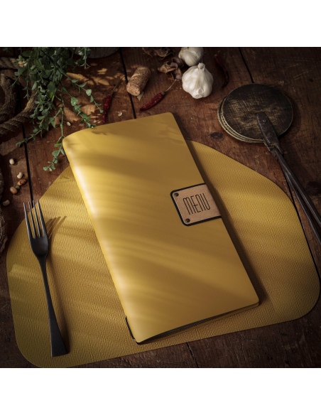 Porta Menu A4 SLIM (17,4x31,8 cm) etichetta PATCH "menu" cornicetta (4 facciate) elastico nero PORTOFINO OCRA