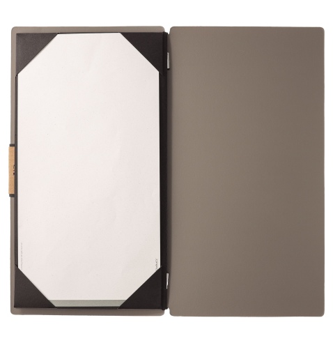 Porta Menu A4 SLIM (17,4x31,8 cm) etichetta PATCH "menu" cornicetta (4 facciate) elastico nero PORTOFINO TORTORA