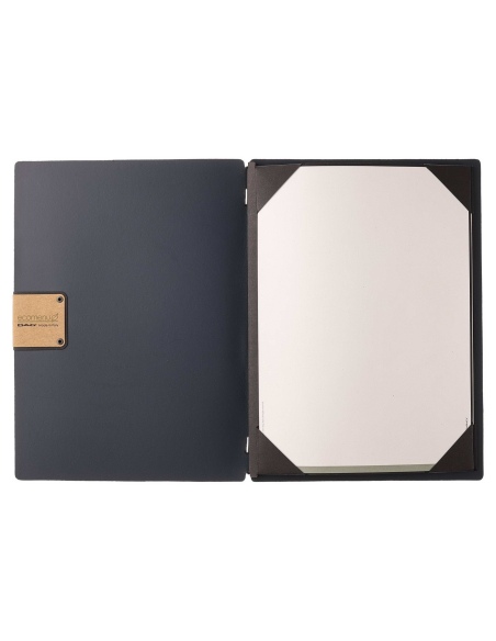 Porta Menu A4 (23,2x31,8 cm) etichetta PATCH "personalizzata" (minimo 18 pezzi) cornicetta (4 facciate) elastico nero PORTOFINO 