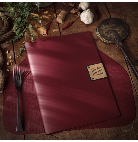 Porta Menu A4 (23,2x31,8 cm) etichetta PATCH "personalizzata" (minimo 18 pezzi) cornicetta (4 facciate) elastico nero PORTOFINO 
