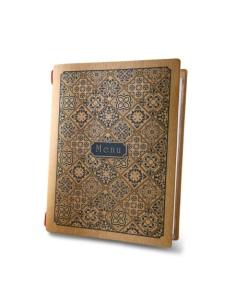 Porta Menu CUSTOM A5 (16,5x23,1 cm) "MAIOLICA NATURAL menu" 2 buste (4 facciate) elastico rosso ECO NATURALE sp. 0.6