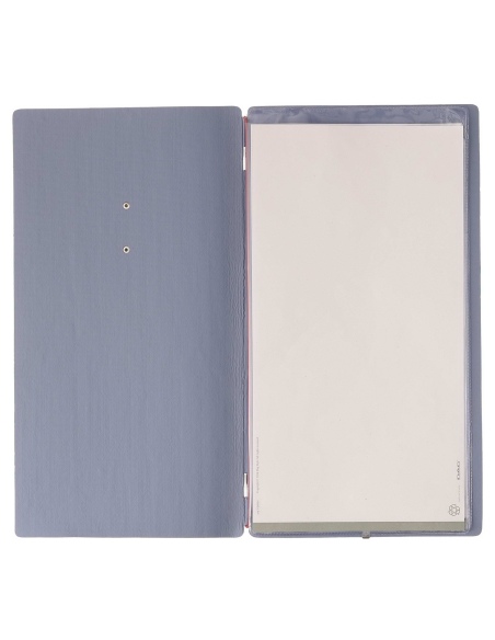 Porta Menu A4 SLIM (17,4x31,8 cm) etichetta METAL "personalizzata" (minimo 18 pezzi) 2 buste (4 facciate) elastico rosso JUTA AV