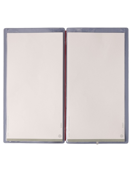 Porta Menu A4 SLIM (17,4x31,8 cm) etichetta METAL "personalizzata" (minimo 18 pezzi) 2 buste (4 facciate) elastico rosso JUTA AV