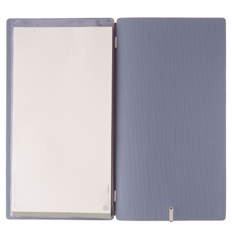 Porta Menu A4 SLIM (17,4x31,8 cm) etichetta METAL "personalizzata" (minimo 18 pezzi) 2 buste (4 facciate) elastico rosso JUTA AV