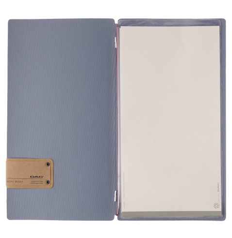 Porta Menu A4 SLIM (17,4x31,8 cm) etichetta PATCH "personalizzata" (minimo 18 pezzi) 2 buste (4 facciate) elastico rosso JUTA AV