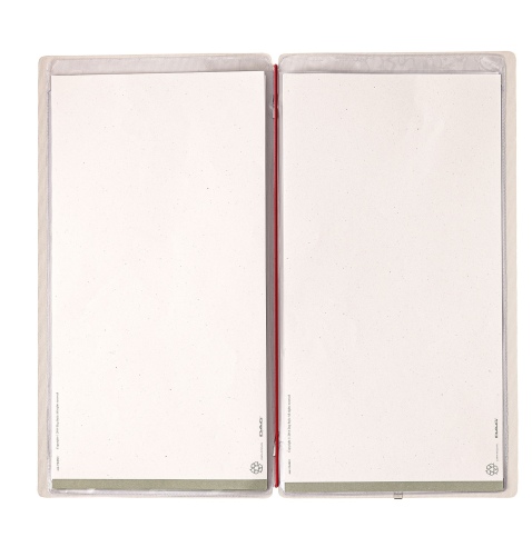Porta Menu A4 SLIM (17,4x31,8 cm) etichetta METAL "menu" 2 buste (4 facciate) elastico rosso JUTA AVORIO