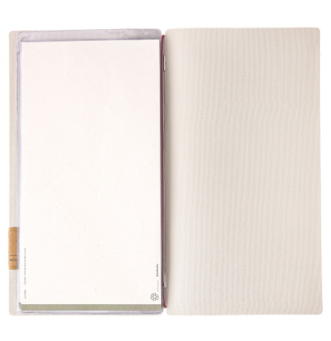 Porta Menu A4 SLIM (17,4x31,8 cm) etichetta PATCH "personalizzata" (minimo 18 pezzi) 2 buste (4 facciate) elastico rosso JUTA AV