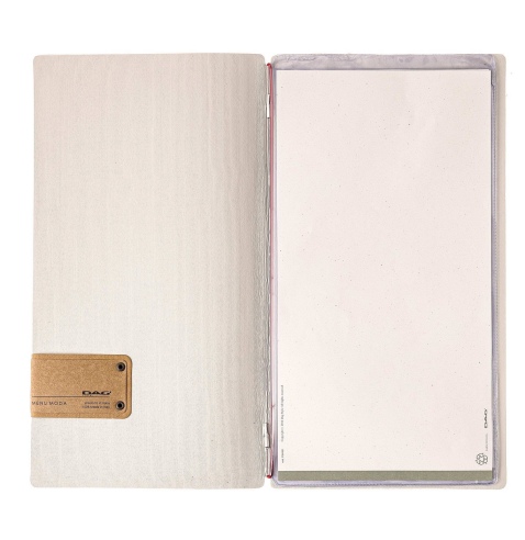 Porta Menu A4 SLIM (17,4x31,8 cm) etichetta PATCH "menu" 2 buste (4 facciate) elastico rosso JUTA AVORIO