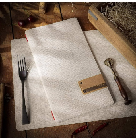 Porta Menu A4 SLIM (17,4x31,8 cm) etichetta PATCH "menu" 2 buste (4 facciate) elastico rosso JUTA AVORIO