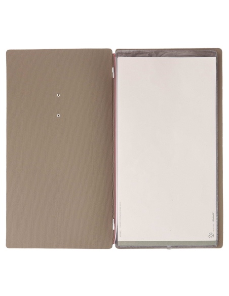 Porta Menu A4 SLIM (17,4x31,8 cm) etichetta METAL "menu" 2 buste (4 facciate) elastico rosso JUTA CAMMELLO