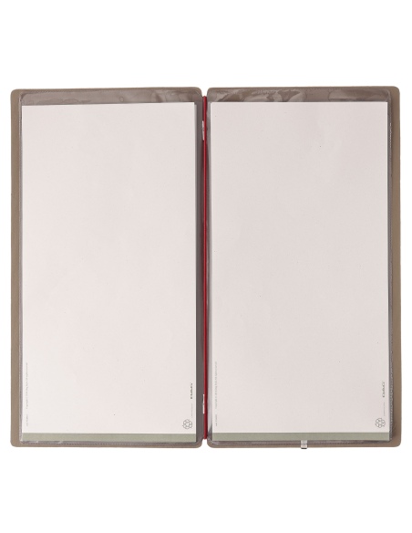 Porta Menu A4 SLIM (17,4x31,8 cm) etichetta METAL "menu" 2 buste (4 facciate) elastico rosso JUTA CAMMELLO