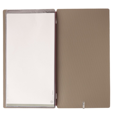 Porta Menu A4 SLIM (17,4x31,8 cm) etichetta METAL "personalizzata" (minimo 18 pezzi) 2 buste (4 facciate) elastico rosso JUTA CA