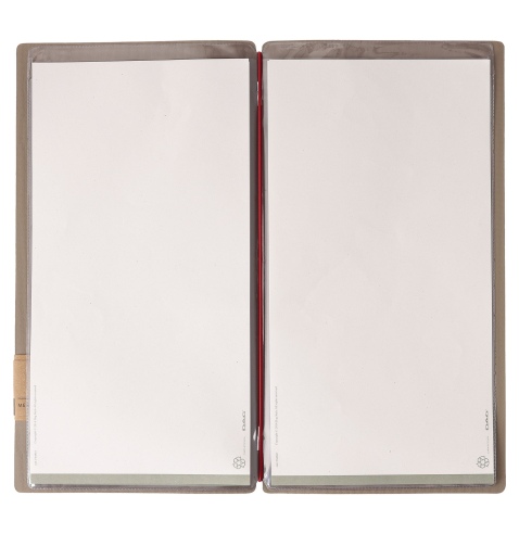 Porta Menu A4 SLIM (17,4x31,8 cm) etichetta PATCH "personalizzata" (minimo 18 pezzi) 2 buste (4 facciate) elastico rosso JUTA CA