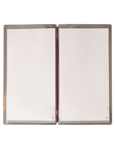 Porta Menu A4 SLIM (17,4x31,8 cm) etichetta PATCH "personalizzata" (minimo 18 pezzi) 2 buste (4 facciate) elastico rosso JUTA CA