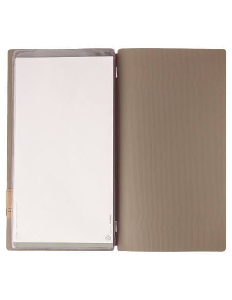 Porta Menu A4 SLIM (17,4x31,8 cm) etichetta PATCH "menu" 2 buste (4 facciate) elastico rosso JUTA CAMMELLO