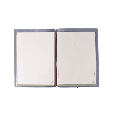 Porta Menu A5 (16,5x23,1 cm) etichetta METAL "personalizzata" (minimo 18 pezzi) 2 buste (4 facciate) elastico rosso JUTA AVIO