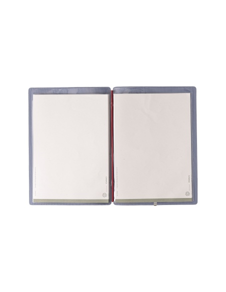 Porta Menu A5 (16,5x23,1 cm) etichetta METAL "personalizzata" (minimo 18 pezzi) 2 buste (4 facciate) elastico rosso JUTA AVIO