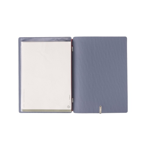 Porta Menu A5 (16,5x23,1 cm) etichetta METAL "personalizzata" (minimo 18 pezzi) 2 buste (4 facciate) elastico rosso JUTA AVIO
