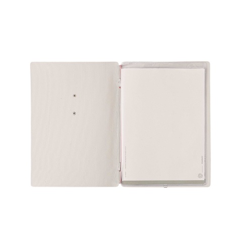 Porta Menu A5 (16,5x23,1 cm) etichetta METAL "personalizzata" (minimo 18 pezzi) 2 buste (4 facciate) elastico rosso JUTA AVORIO