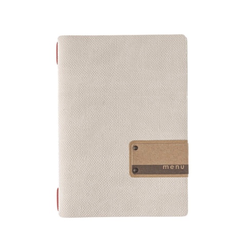 Porta Menu A5 (16,5x23,1 cm) etichetta PATCH "personalizzata" (minimo 18 pezzi) 2 buste (4 facciate) elastico rosso JUTA AVORIO