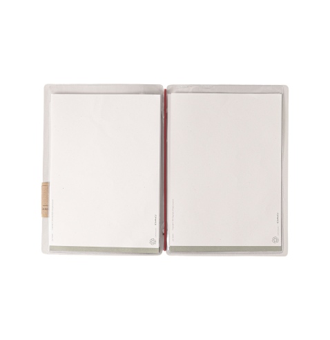 Porta Menu A5 (16,5x23,1 cm) etichetta PATCH "personalizzata" (minimo 18 pezzi) 2 buste (4 facciate) elastico rosso JUTA AVORIO