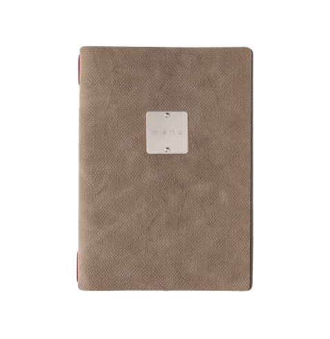 Porta Menu A5 (16,5x23,1 cm) etichetta METAL "menu" 2 buste (4 facciate) elastico rosso JUTA CAMMELLO