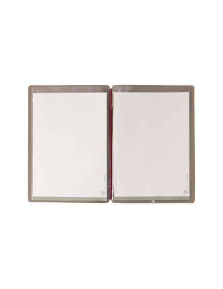 Porta Menu A5 (16,5x23,1 cm) etichetta METAL "menu" 2 buste (4 facciate) elastico rosso JUTA CAMMELLO